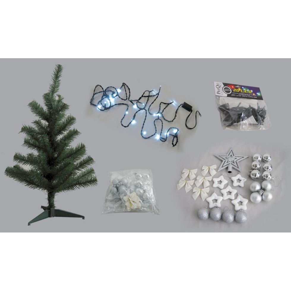 Albero Di Natale Bianco 90 Cm.Kit Albero Di Natale Con Addobbi E Luci Argento E Bianco Cm 90