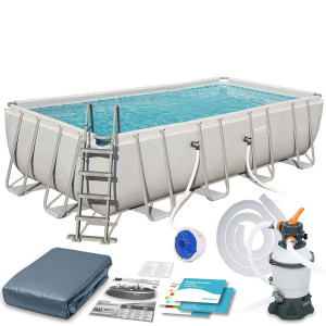 BESTWAY PISCINA RETTANGOLARE POWER STEEL FRAME CM.488 X 244 X H 122 CON POMPA A SABBIA + SCALA + COPERTURA cod.56671